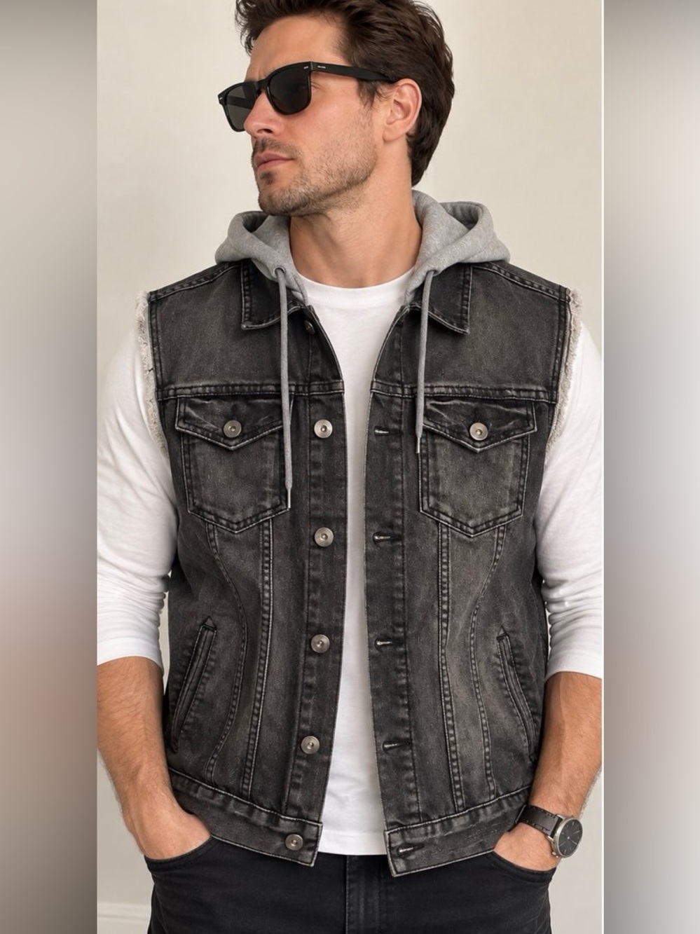 DJAB by Simons Hooded Black Denim Vest - size L